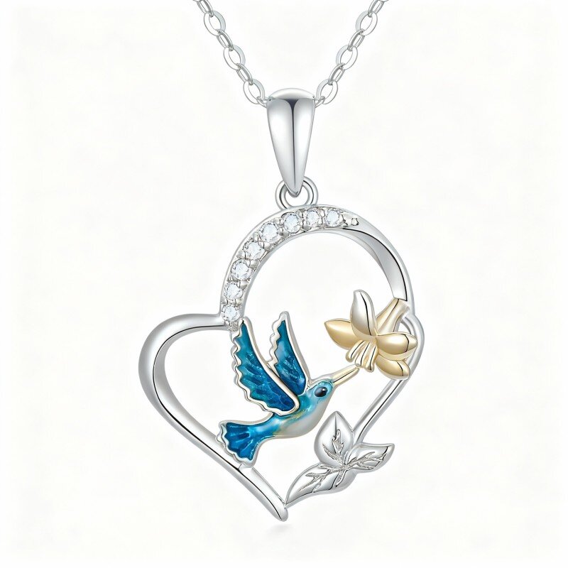 Collana con ciondolo a forma di colibrì e cuore in oro bianco 10K con zirconi cubici-2