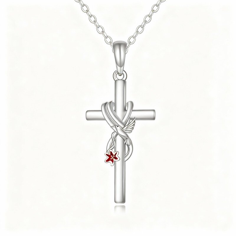 10K White Gold Hummingbird & Lily & Cross Pendant Necklace-16
