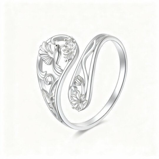Anel aberto em ouro branco 10K com desenho de colibri