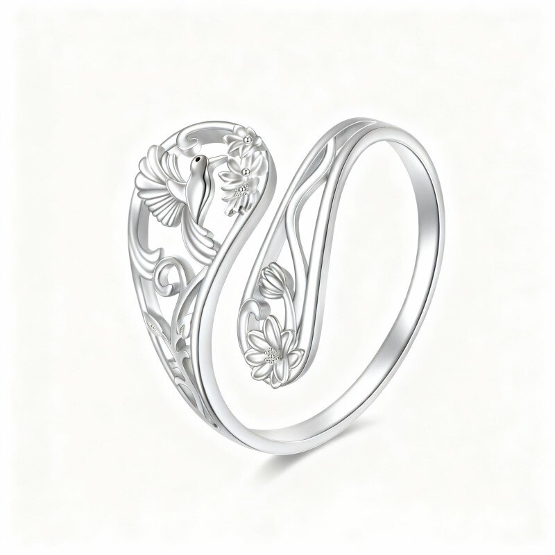 Anel aberto em ouro branco 10K com desenho de colibri-13