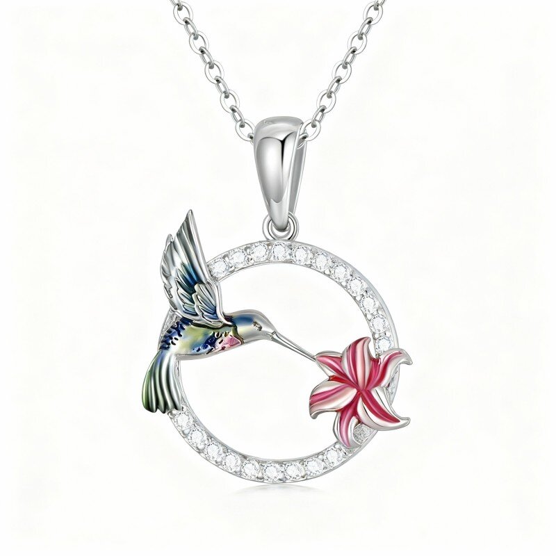 Collana con ciondolo a forma di colibrì in oro bianco 10K con zirconi cubici-7