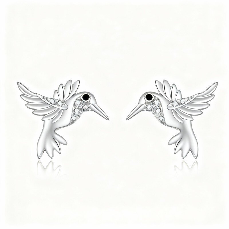 10K White Gold Cubic Zirconia Hummingbird Stud Earrings-2