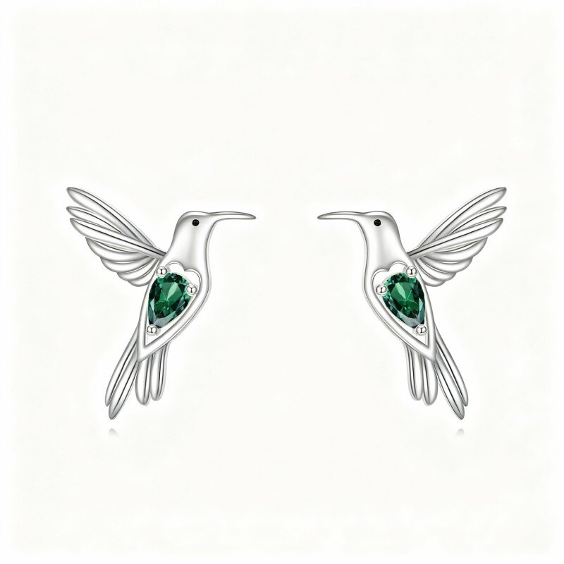 10K White Gold Cubic Zirconia Hummingbird Stud Earrings-1