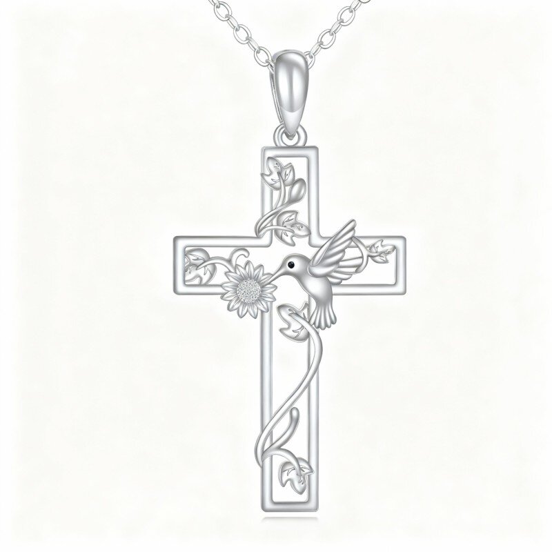 10K White Gold Hummingbird & Sunflower & Cross Pendant Necklace-20