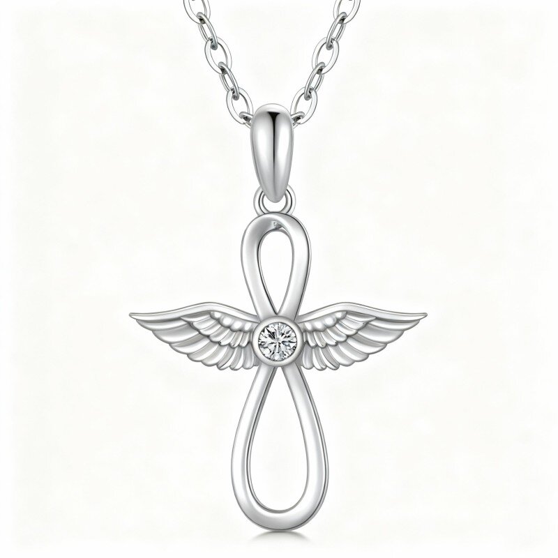 10K White Gold Cubic Zirconia Infinity Symbol & Angel Wing Pendant Necklace-8