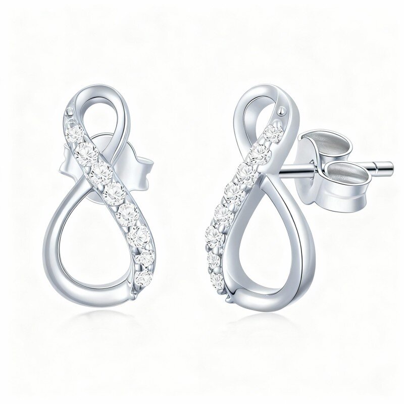 Brincos de pino com símbolo do infinito em ouro branco de 10 quilates e zircónias cúbicas-9