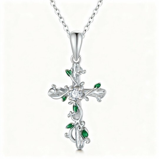 Colar com pendente de hera e cruz em ouro branco 10K com zircónias cúbicas