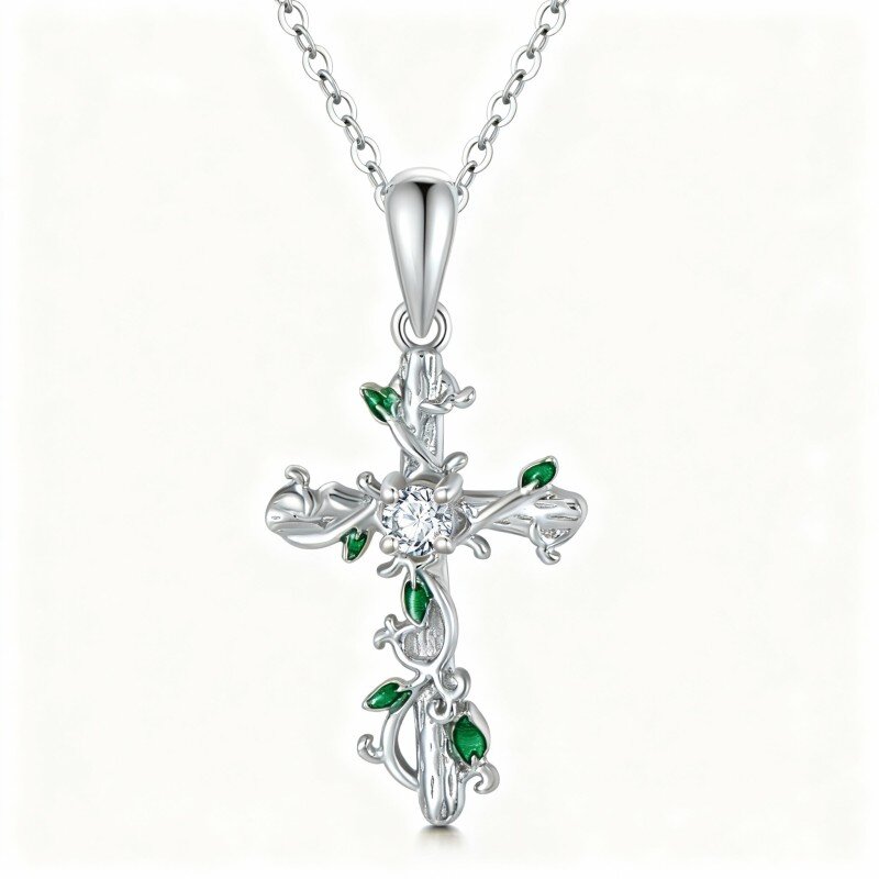 Collana con ciondolo a forma di croce e edera in oro bianco 10K con zirconi cubici-17