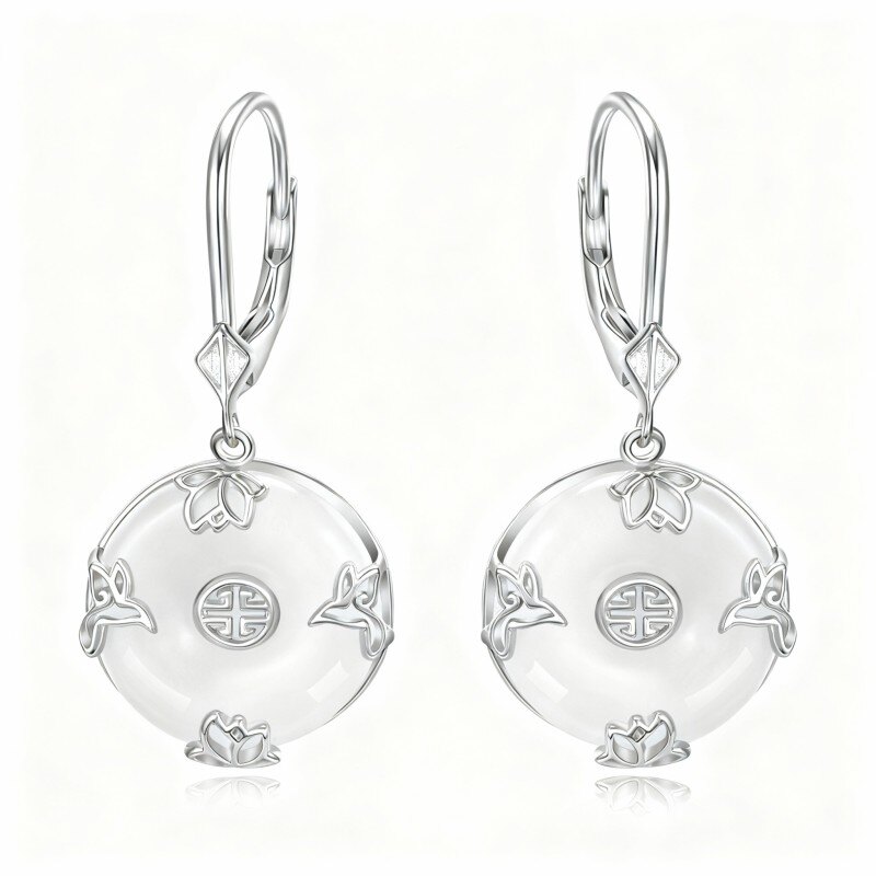 Pendientes de oro blanco de 10 quilates con jade, paloma y nenúfar, con cierre de palanca-1