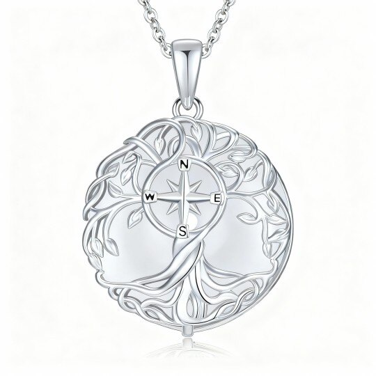 10Kホワイトゴールド翡翠の生命の樹とコンパスペンダントネックレス