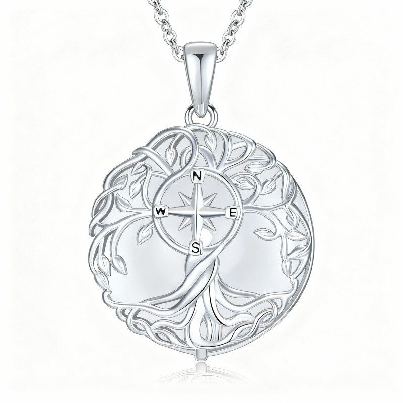 Collar con colgante de árbol de la vida y brújula de jade y oro blanco de 10 quilates-10