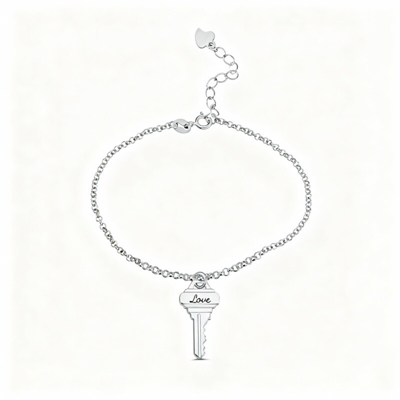 10K White Gold Key Charm Bracelet with Engraved Word-6