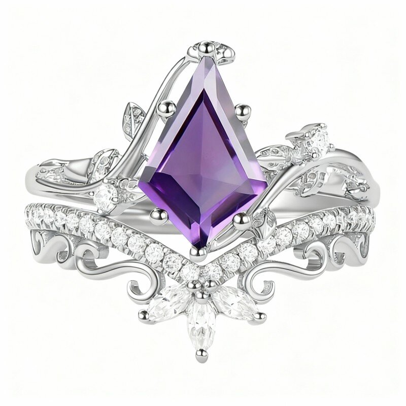 10K White Gold Kite Cut Amethyst & Moissanite Bridal Set-1