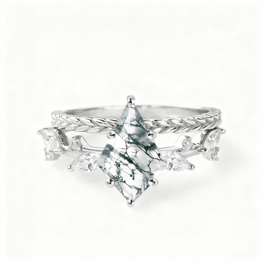 Anillo de compromiso de oro blanco de 14 quilates con corte de cometa y hojas