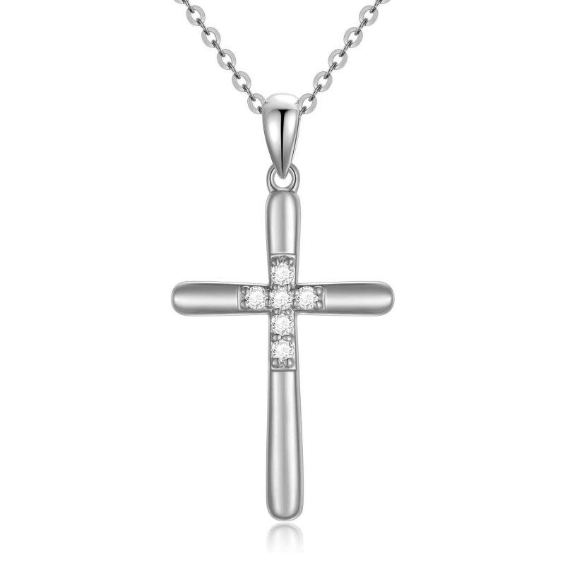 Platinum with White Gold Plated Lab Created Diamond Cross Pendant Necklace-1