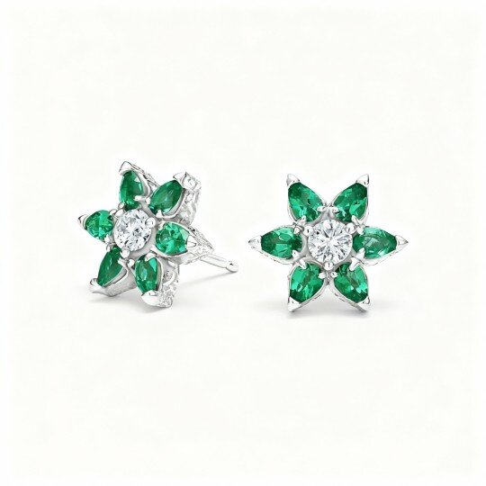 10K White Gold Lab Created Diamond & Lab Created Emerald Couple Stud Earrings