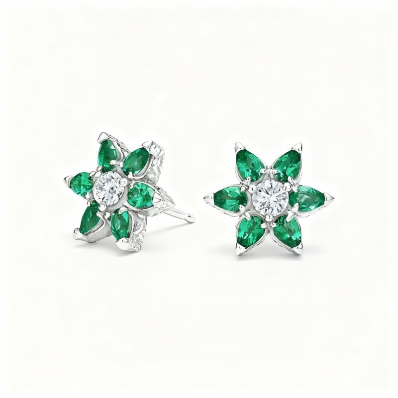10K White Gold Lab Created Diamond & Lab Created Emerald Couple Stud Earrings-1