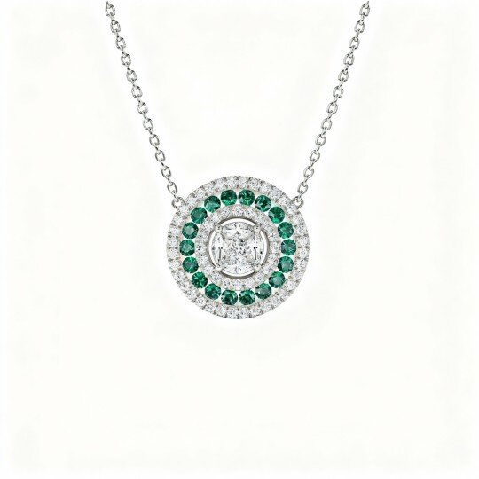10K White Gold Lab Created Diamond & Lab Created Emerald Round Pendant Necklace