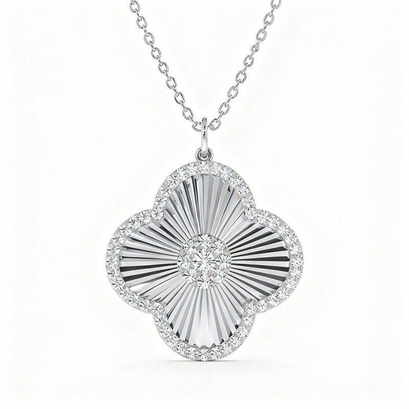 10K White Gold Lab Created Diamond Four Leaf Clover Pendant Necklace-1