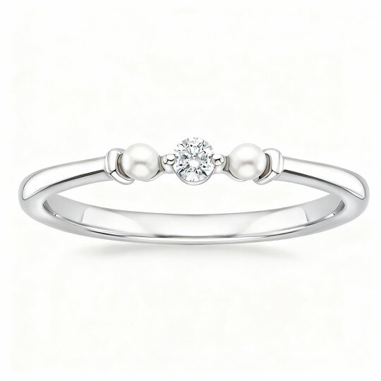 Anillo de boda personalizado con grabado en oro blanco de 10 quilates, diamante y perla creados en laboratorio. Color F/G, claridad SI1, 3EX.