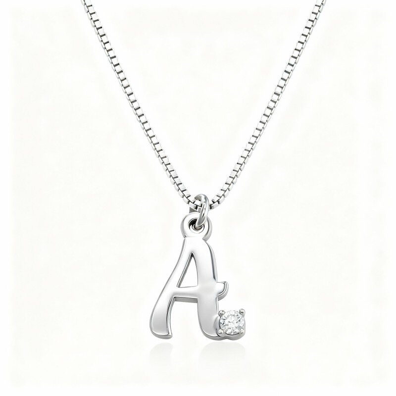 Gepersonaliseerde ketting met initiaalletterhanger van platina met witgouden lab-made diamant-1