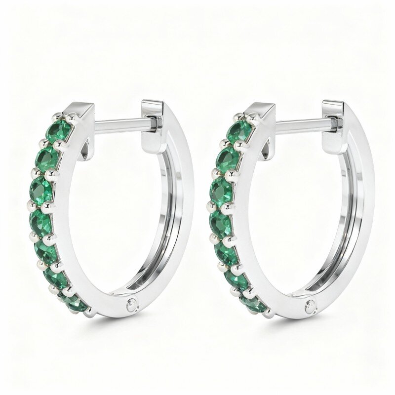 Brincos de argola redondos em ouro branco 10K com esmeralda sintética.-11