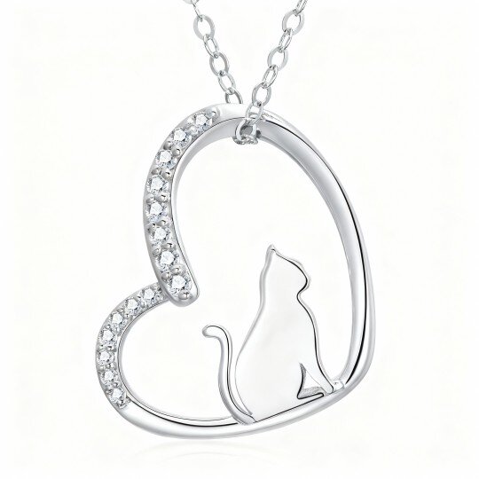 10K White Gold Laboratory Diamonds Cat & Heart Pendant Necklace