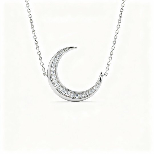 Colar com Pendente Lua em Ouro Branco 10K com Diamantes de Laboratório
