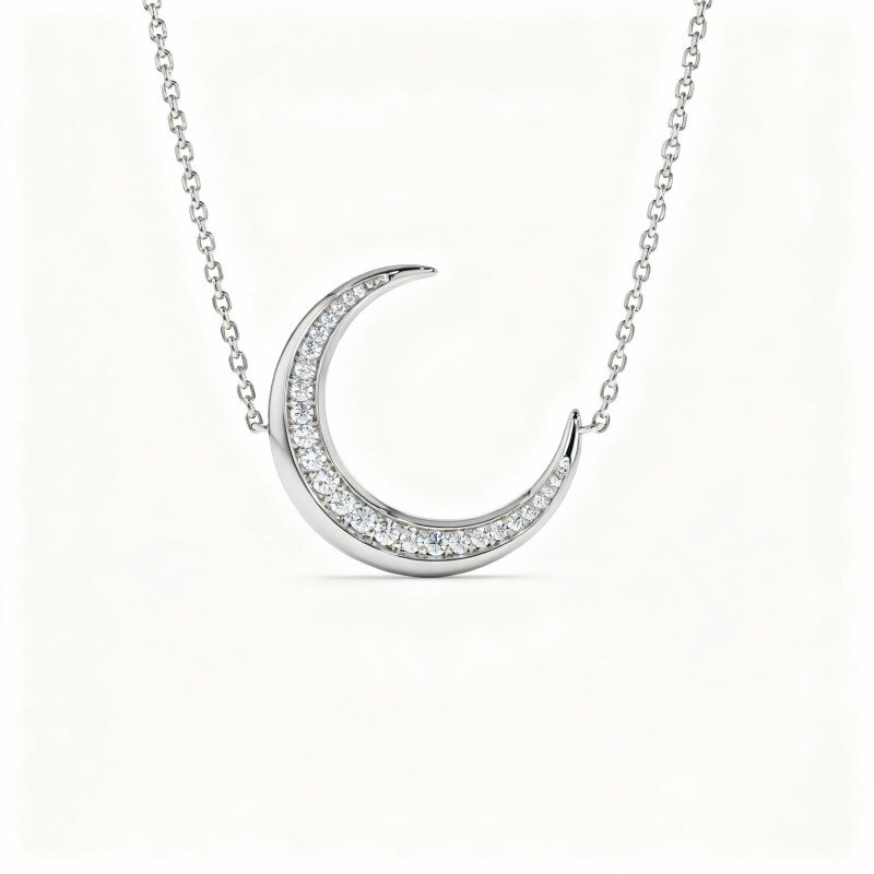 Colar com Pendente Lua em Ouro Branco 10K com Diamantes de Laboratório-16
