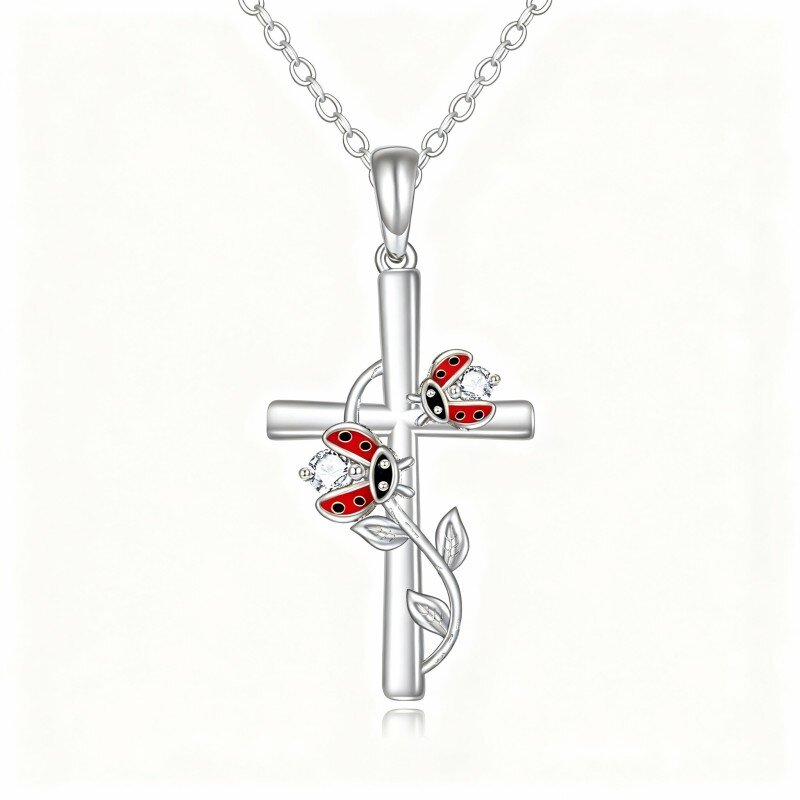Collana con ciondolo a forma di coccinella e croce in oro bianco 10 carati con zirconi cubici-13