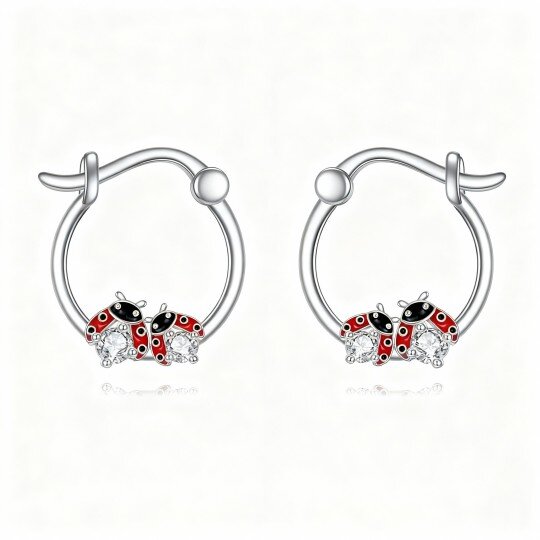 10K White Gold Cubic Zirconia Ladybug Hoop Earrings