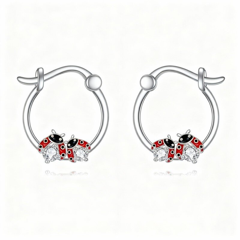 10K White Gold Cubic Zirconia Ladybug Hoop Earrings-4