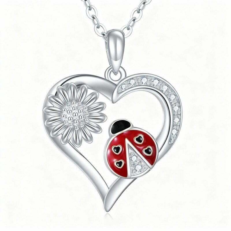 Colar com pendente de joaninha, flores silvestres e coração em ouro branco 10K com zircónias cúbicas-11