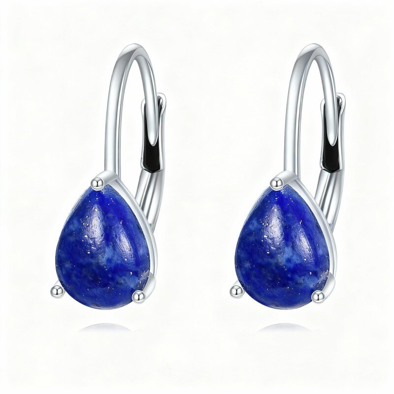 10K White Gold Lapis Lazuli Drop Shape Lever-back Earrings-11