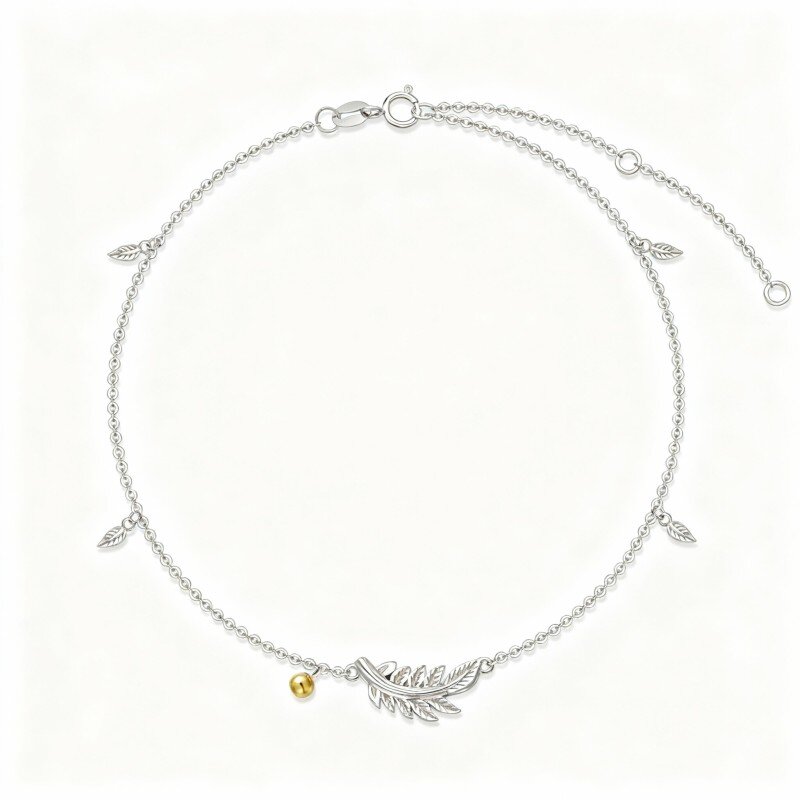 10K White Gold Leaves & Bead & Feather Single Chain Anklet-12