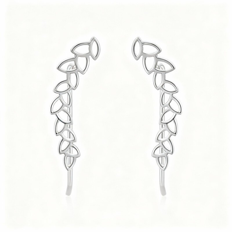 10K White Gold Leaves Climber Earrings-15