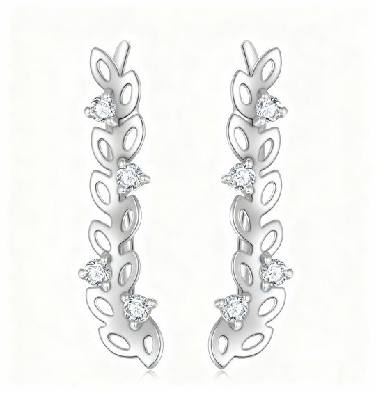 10K White Gold Cubic Zirconia Leaves Climber Earrings