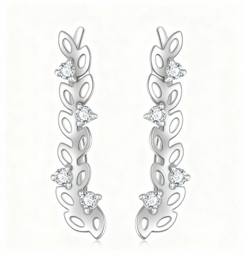 10K White Gold Cubic Zirconia Leaves Climber Earrings-1