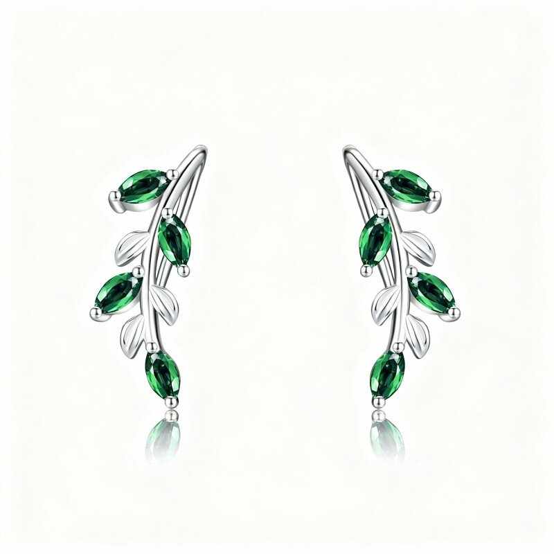 10K White Gold Cubic Zirconia Leaves Climber Earrings-2