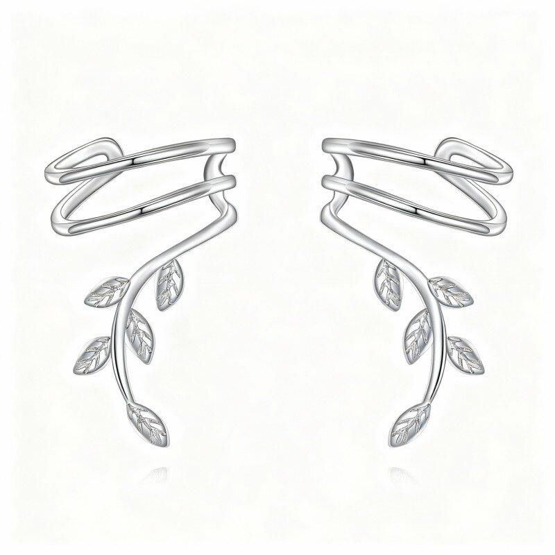 Boucles d'oreilles manchette en or blanc 10 carats avec motif feuilles-2