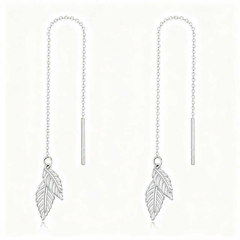 10K White Gold Leaves Drop Earrings-5