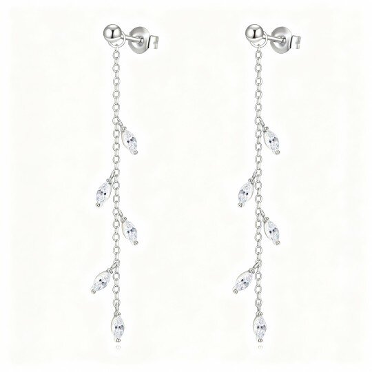 Boucles d'oreilles pendantes en or blanc 10 carats et zirconiums cubiques en forme de feuilles