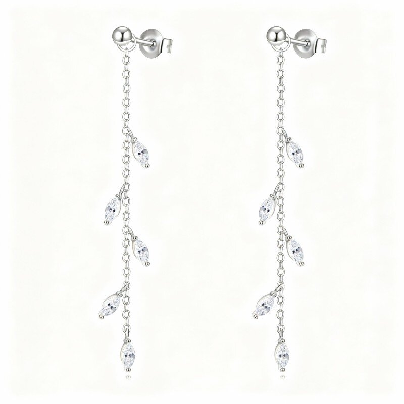 10K White Gold Cubic Zirconia Leaves Drop Earrings-4