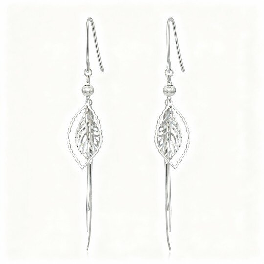 أقراط متدلية من الذهب الأبيض عيار 10 قيراط على شكل أوراق شجر