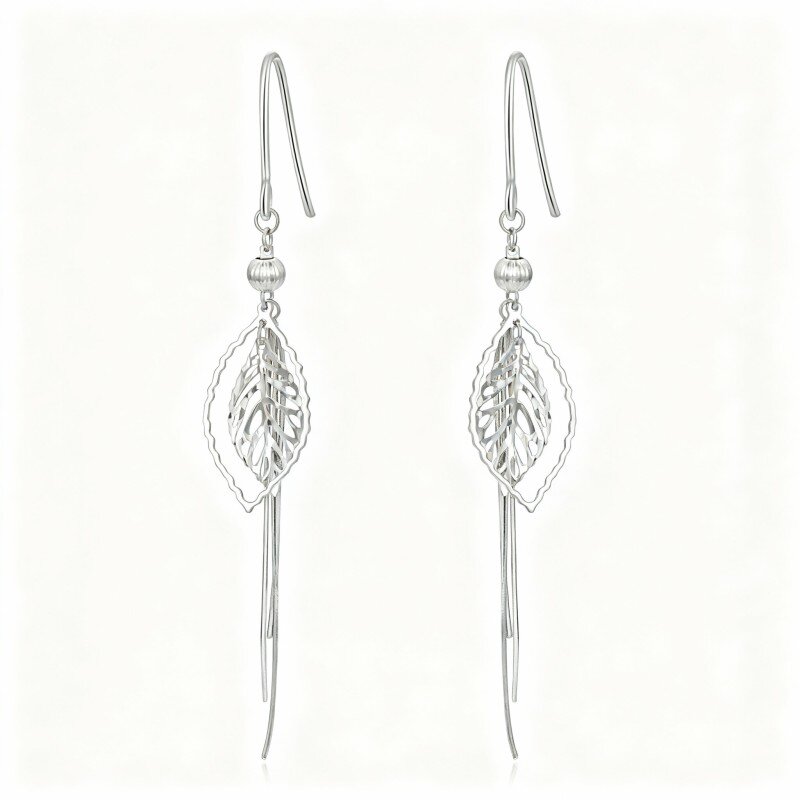 Orecchini pendenti a forma di foglie in oro bianco 10K-17