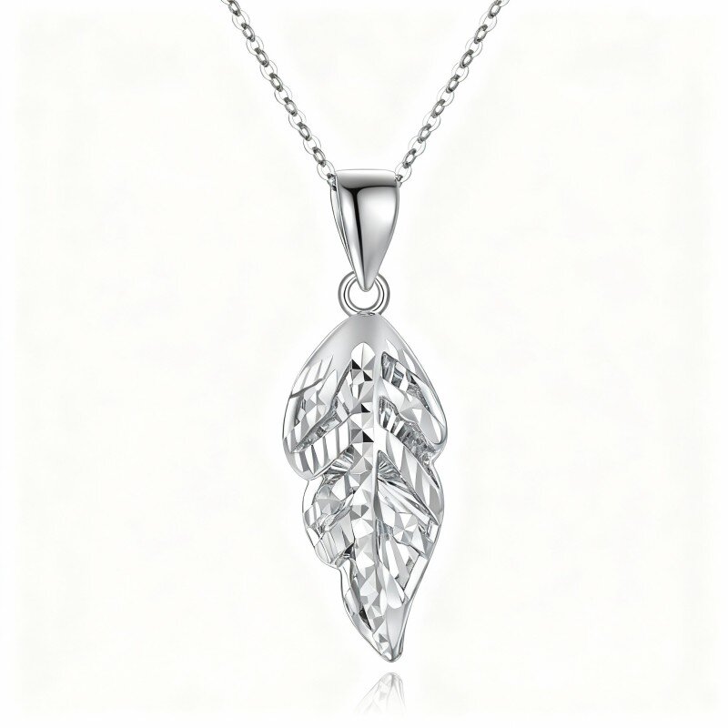 10K White Gold Leaves & Feather Pendant Necklace-20