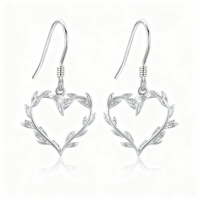 10K White Gold Leaves & Heart Drop Earrings-7