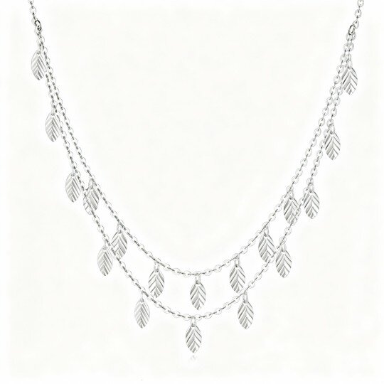 Colar em camadas com folhas em ouro branco 10K