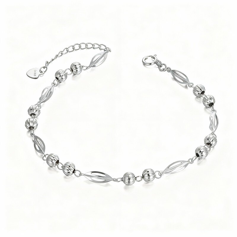 سوار من الذهب الأبيض عيار 10 قيراط مزين بأوراق الشجر وحبات معدنية-1