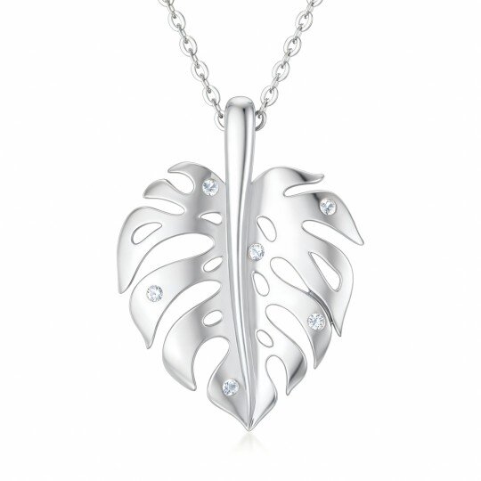 Halskette mit Blätteranhänger aus 10-karätigem Weißgold und Zirkonia